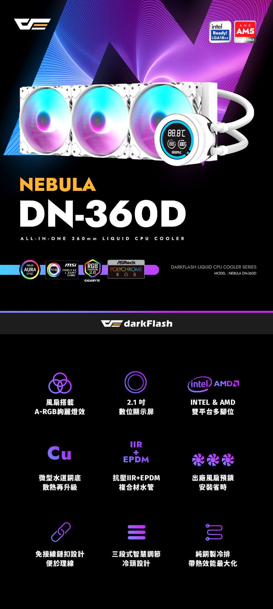 NEBULADN360DALL-IN-ONE 360mm LIQUID CPU COOLERAURARGBintel Ready!LGA18xxAMDAM5ATIBLERGBPOLYCHROMERGBDARKFLASH LIQUID CPU COOLER SERIESMODEL : NEBULA DN-360DmsiLIGHTSYNCGIGABYTEEdarkFlashintel INTEL & AMD風扇搭載2.1 A-RGB絢麗燈效數位顯示屏雙平台多腳位CuIIREPDM微型水道銅底散熱再升級抗壓IIR+EPDM出廠風扇預鎖複合材水管安裝省時純銅製冷排免接線鏈扣設計便於理線三段式智慧調節冷頭設計帶熱效能最大化