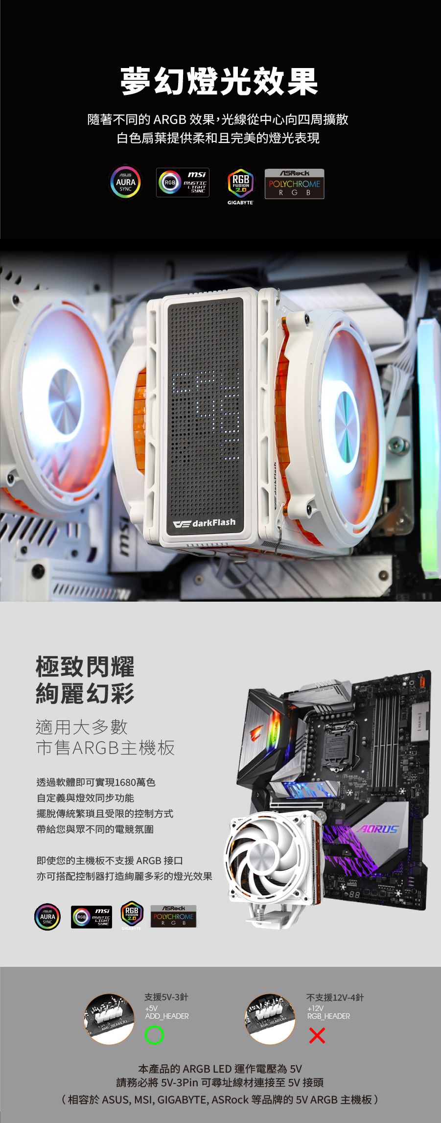 夢幻燈光效果隨著不同的 ARGB 效果,光線從中心向四周擴散白色扇葉提供柔和且完美的燈光表現AURARGBmsiRGBFUSIONEdarkFlash極致閃耀絢麗幻彩適用大多數市售ARGB主機板透過軟體即可實現1680萬色自定義與燈效同步功能擺脫傳統且受限的控制方式帶給您與眾不同的電競氛圍即使您的主機板不支援ARGB接口亦可搭配控制器打造絢麗多彩的燈光效果msi RGBAURAPOLYCHROMESYNCSYNCRGBGIGABYTE 支援5V-3針+5VADD_HEADERGIGABYTEPOLYCHROMERG B88不支援12V-4針+12VRGB HEADER本產品的ARGB LED 運作電壓為5V請務必將5V-3Pin可尋址線材連接至5V接頭(相容於ASUS, MSI, GIGABYTE, ASRock 等品牌的5VARGB 主機板)