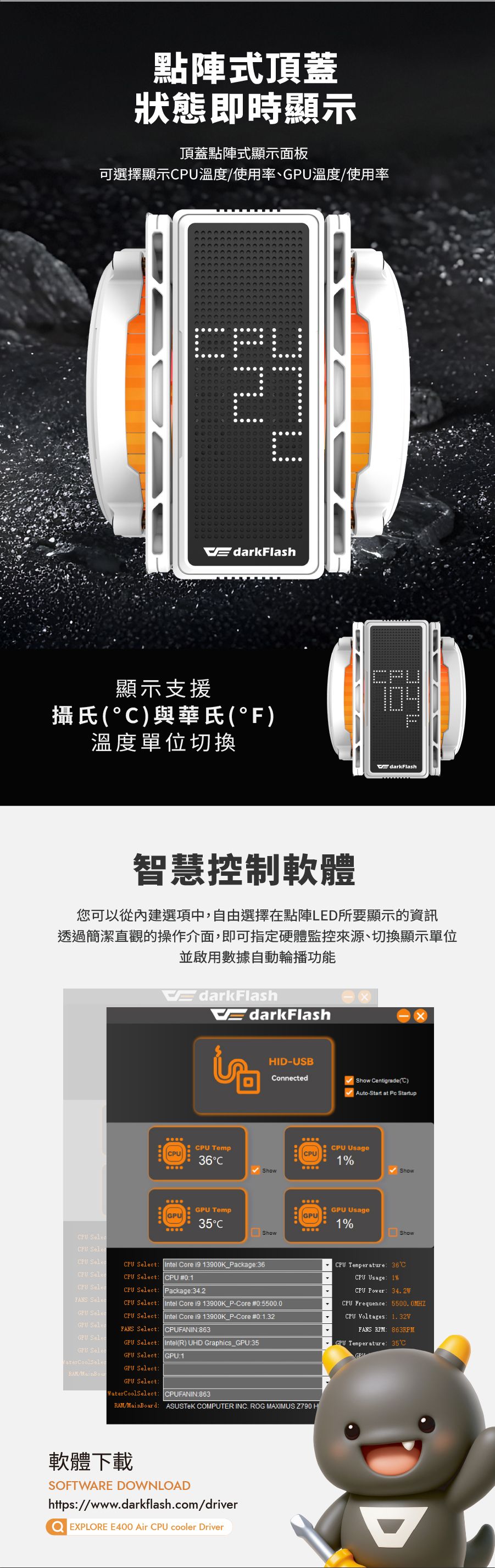 點陣式頂蓋狀態即時顯示頂蓋點陣式顯示面板可選擇顯示PU溫度使用率、GPU溫度/使用率EdrkFlash顯示支援攝氏()與華氏(F)溫度單位切換darkFlash智慧控制軟體您可以從內建選項中,自由選擇在點陣LE所要顯示的資訊透過簡潔直觀的操作介面,即可指定硬體監控來源、切換顯示單位並啟用數據自動輪播功能EdarkFlashEdarkFlash PU TempCPU36CGPU TempGPU35°CHID-USBConnected Show Centigrade(C)Auto-Start at  StartupCPUCPU Usage1%ShowShowGPUGPU Usage1%ShowShowCPU CPU CPU t Intel Core  13900K_Package36CPU CPU t CPU #01CPU SeleCPU t Package34.2FANS CPU Select Intel Core i9 13900K_P-Core #05500.0GPU SelecCPU Select: Intel Core i9 13900K_P-Core #0:1.32GPU SelecFANS Select: CPUFANIN:863CPU Temperature: 36°CCPU Usage: 1%CPU Power: CPU Frequence: CPU Voltages: FANS RPM: 863RPMGPU SelecGPU Select: Intel(R) UHD Graphics_GPU:35a GPU Temperature: 35GPU SelecGPU Select:GPU:1/GPU Select:GPU Select:WaterCoolSelect: CPUFANIN:863/MainBoard: ASUSTeK COMPUTER INC. ROG MAXIMUS Z790 H軟體下載SOFTWARE DOWNLOADhttps://www.darkflash.com/driver EXPLORE E400 Air CPU cooler DriverD