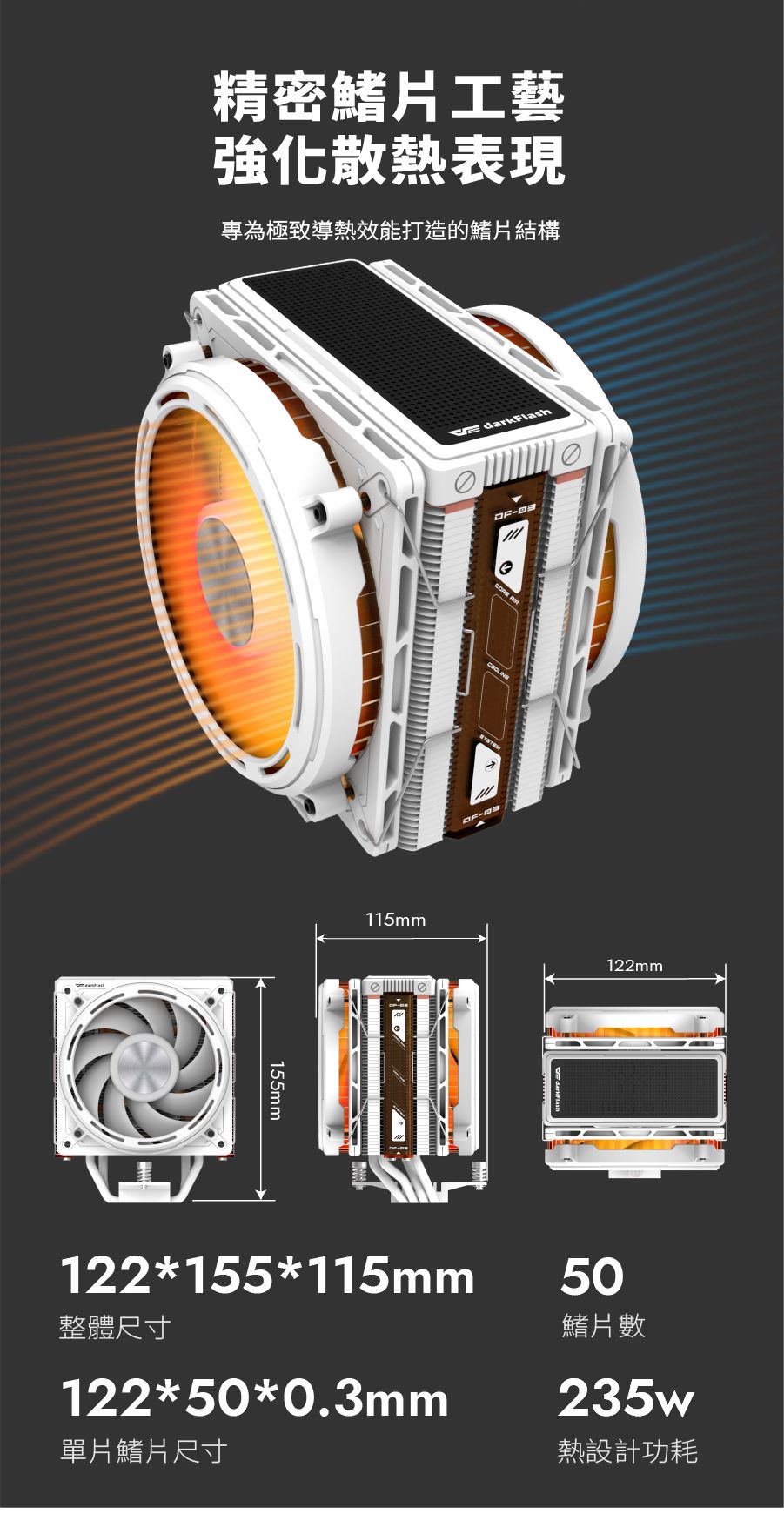 精密鰭片工藝強化散熱表現專為極致導熱效能打造的鰭片結構155mm darkFlash115mm122mm122*155*115mm整體尺寸122*50*0.3mm單片鰭片尺寸50鰭片數235w熱設計功耗